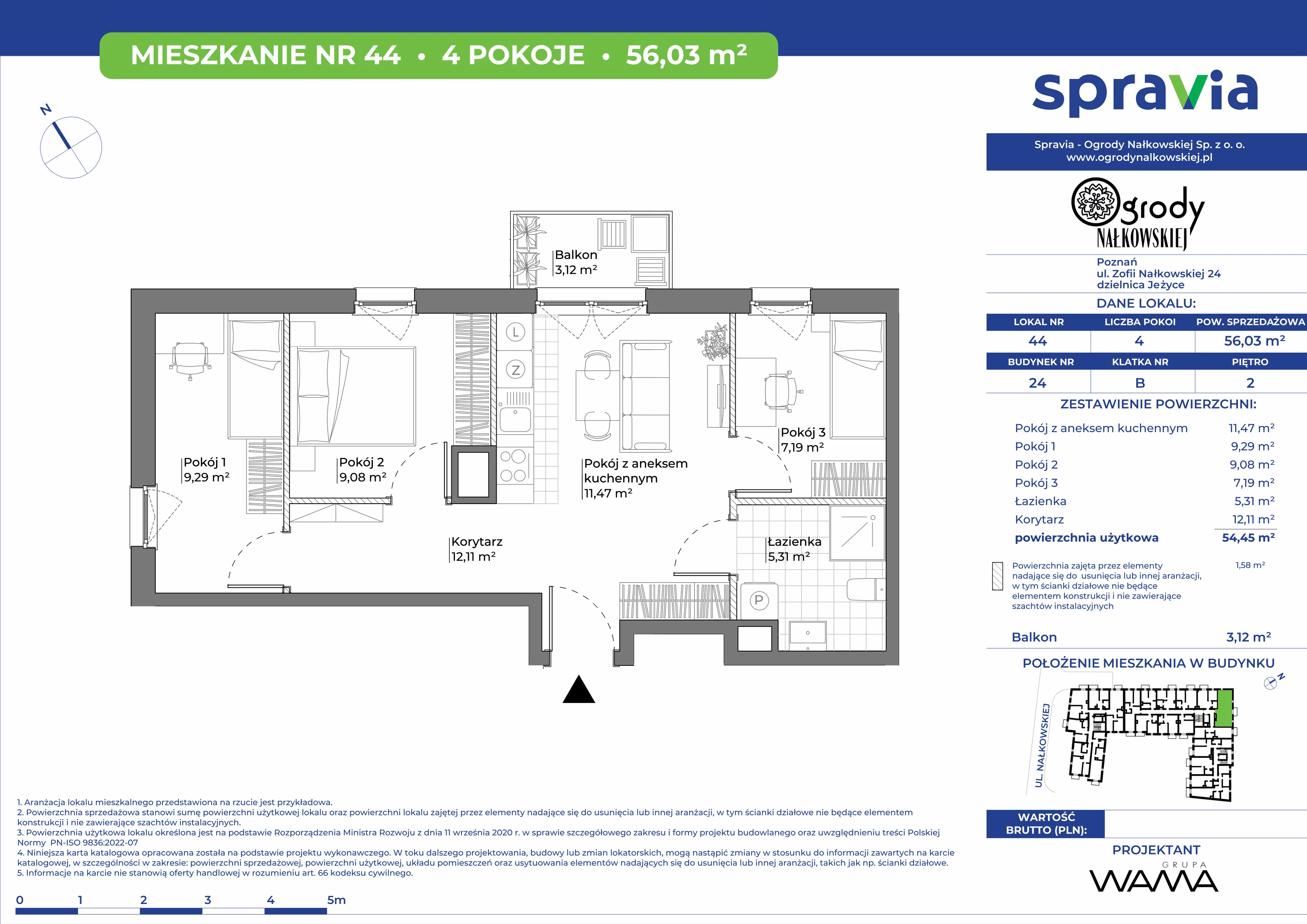 4 pokoje, mieszkanie 56,03 m², piętro 2, oferta nr 24-44, Ogrody Nałkowskiej, Poznań, Ogrody, ul. Nałkowskiej 24, 26